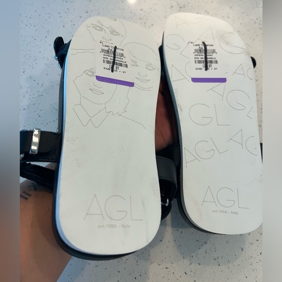 AGL Sandals Black Leather Flatform Buckle Slingback Adjustable Size 37 - Picture 8 of 9